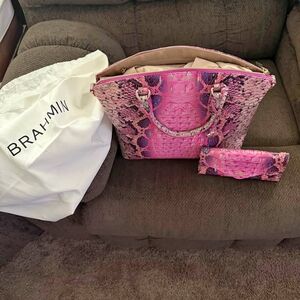 Brahmin Fuchsia and Black Snake Print Satchel With Matching Wallet